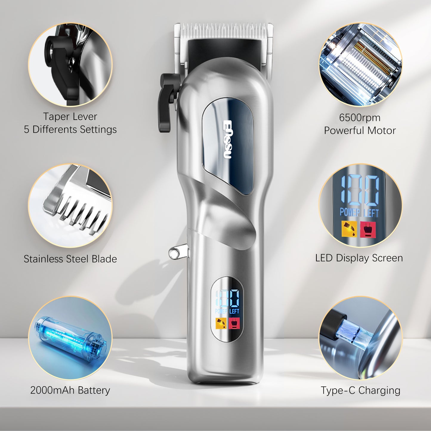 Professional Hair Clipper with 6500RPM Powerful Motor LED Display USB Rechargeable Safety Feature for Men
