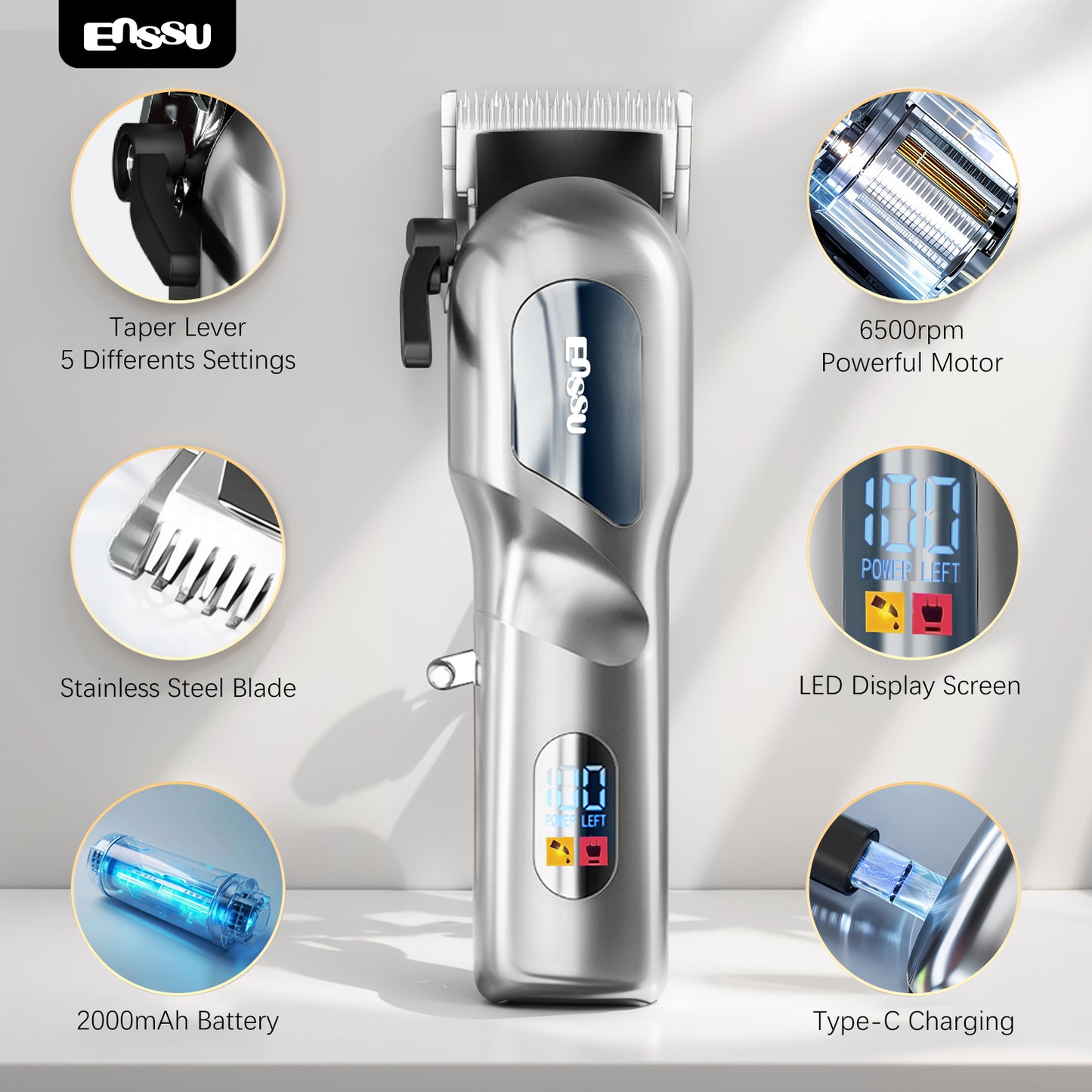 Professional Hair Clipper with 6500RPM Powerful Motor LED Display USB Rechargeable Safety Feature for Men