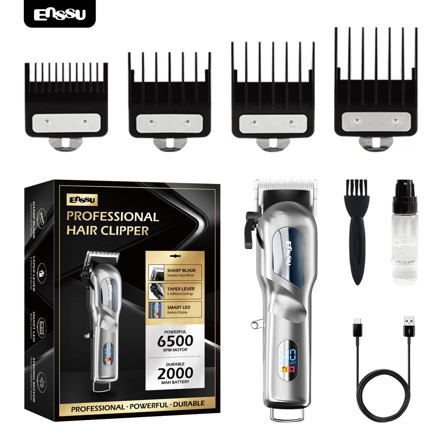 Professional Hair Clipper with 6500RPM Powerful Motor LED Display USB Rechargeable Safety Feature for Men