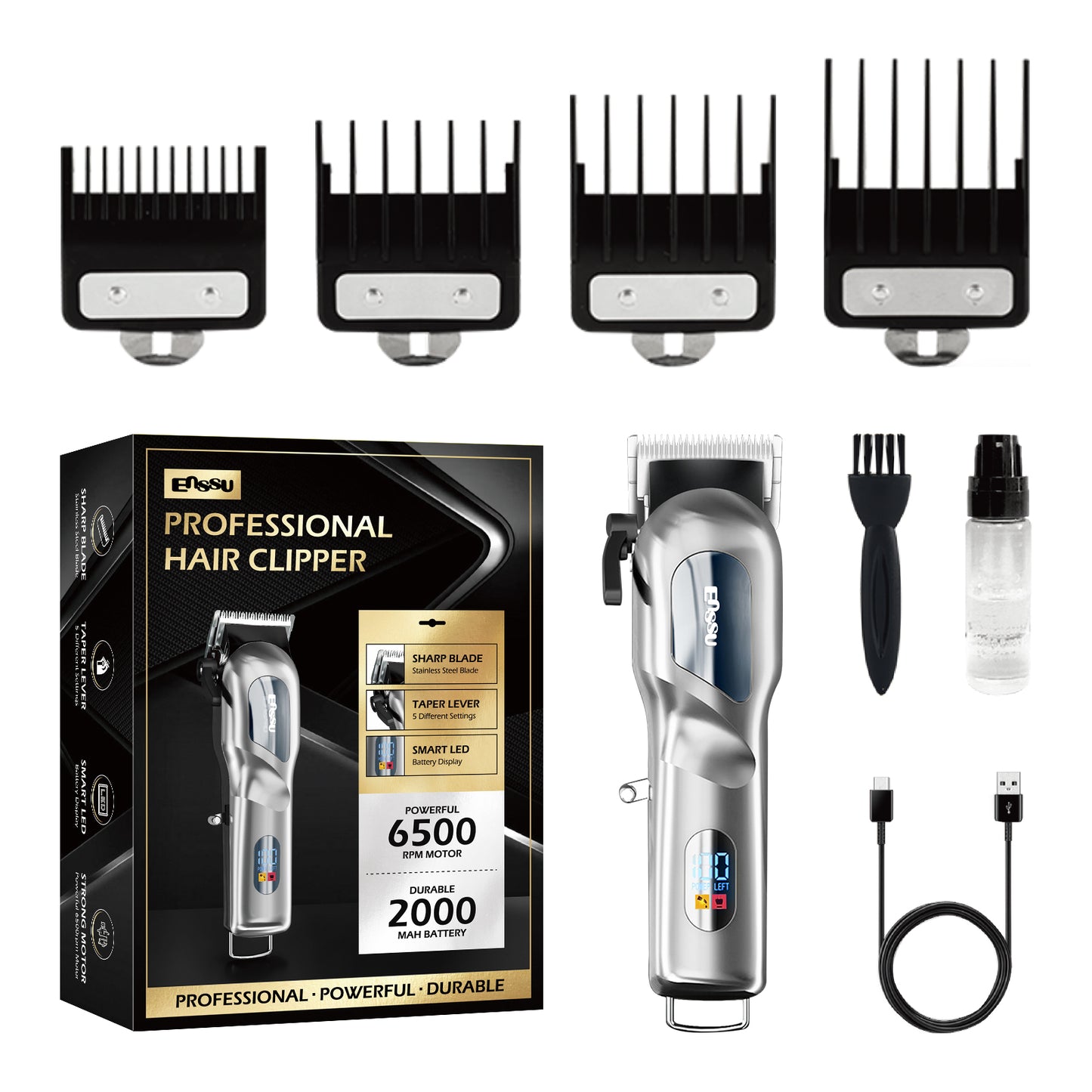 Professional Hair Clipper with 6500RPM Powerful Motor LED Display USB Rechargeable Safety Feature for Men