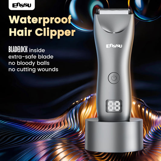 ENSSU Men's Body Trimmer – Waterproof, Ceramic Blade For Groin & Body, LED Light, LCD Display & Dock