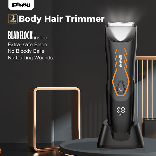 ENSSU Men's Body Trimmer - Cut-Preventing Blade, IPX7 Waterproof, Spotlight, LCD Display & Dock