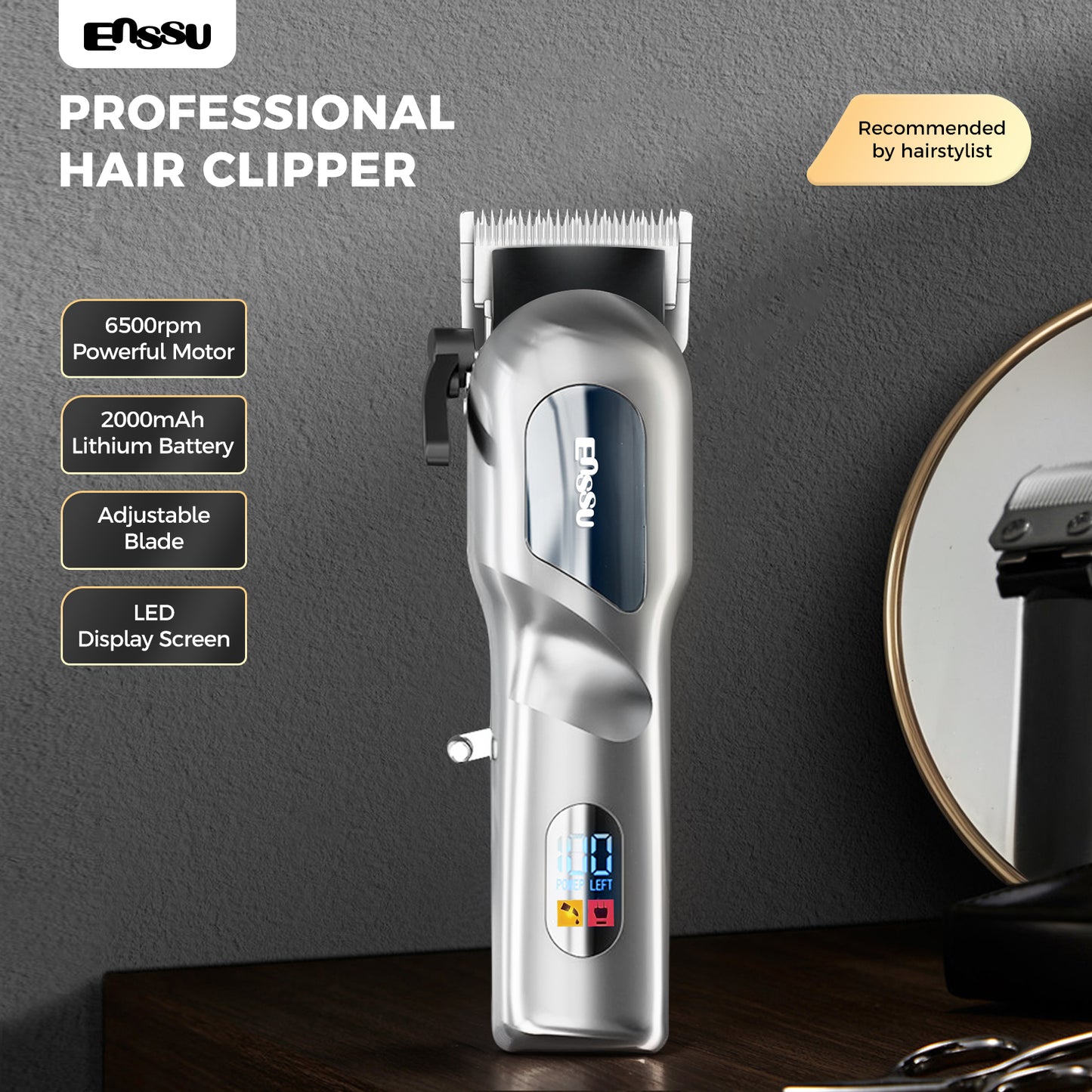 Professional Hair Clipper with 6500RPM Powerful Motor LED Display USB Rechargeable Safety Feature for Men