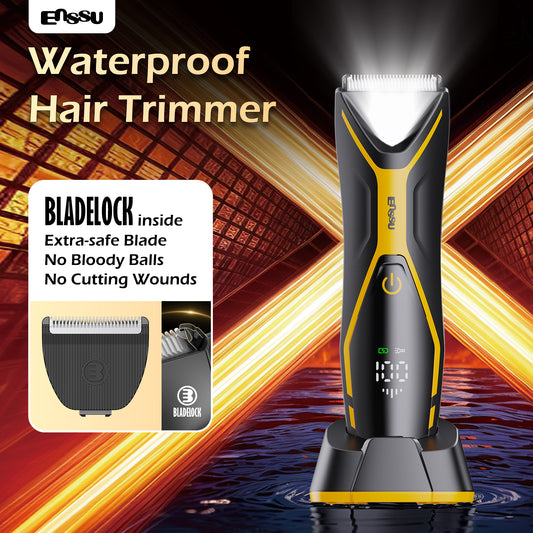ENSSU Men's Body Trimmer - Cut-Preventing Blade, IPX7 Waterproof, Spotlight, LCD Display & Dock