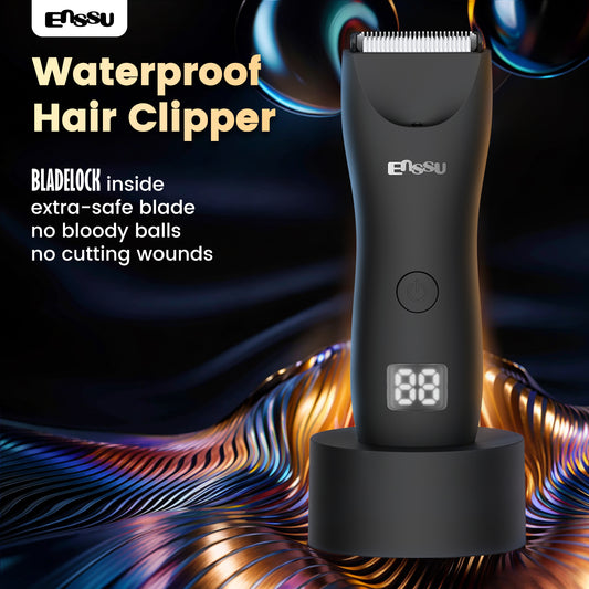 ENSSU Men's Body Trimmer – Waterproof, Ceramic Blade For Groin & Body, LED Light, LCD Display & Dock