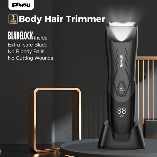 ENSSU Men's Body Trimmer - Cut-Preventing Blade, IPX7 Waterproof, Spotlight, LCD Display & Dock