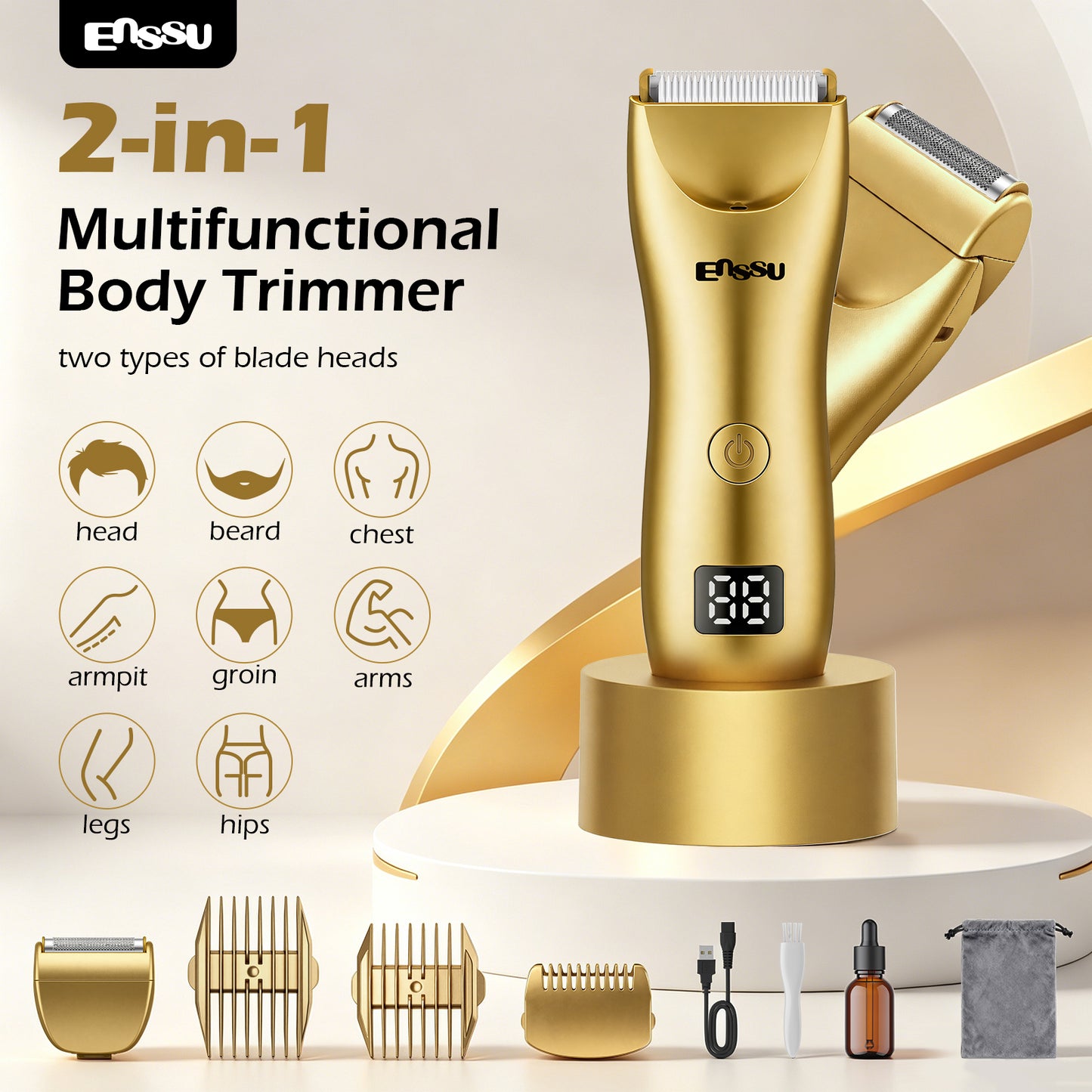 ENSSU 2 in 1 Men's Body Trimmer – Dual Blades,Waterproof, Ceramic Blade For Groin & Body, LED Light, LCD Display & Dock