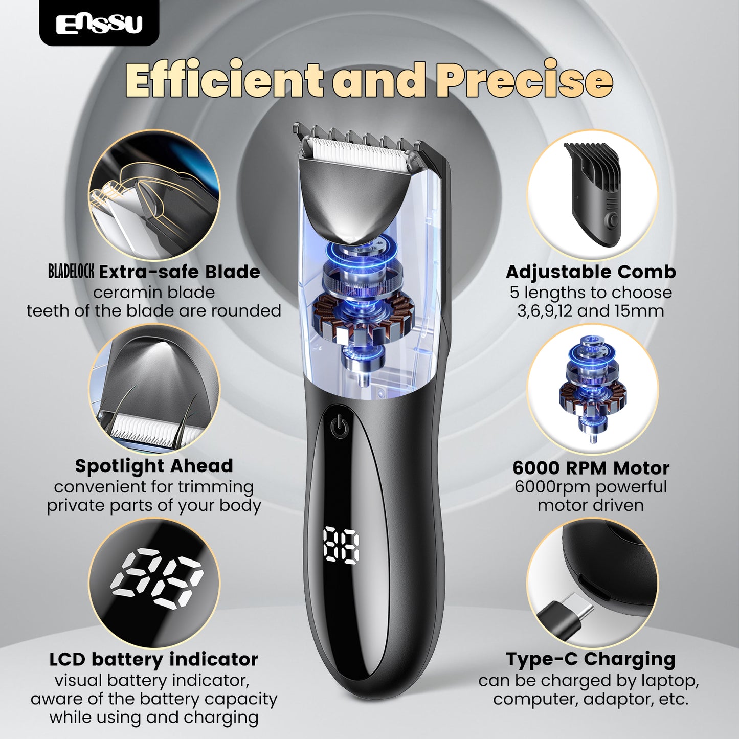 ENSSU BLADELOCK™ Electric Hair Clipper – Safe Ceramic Blade with Spotlight