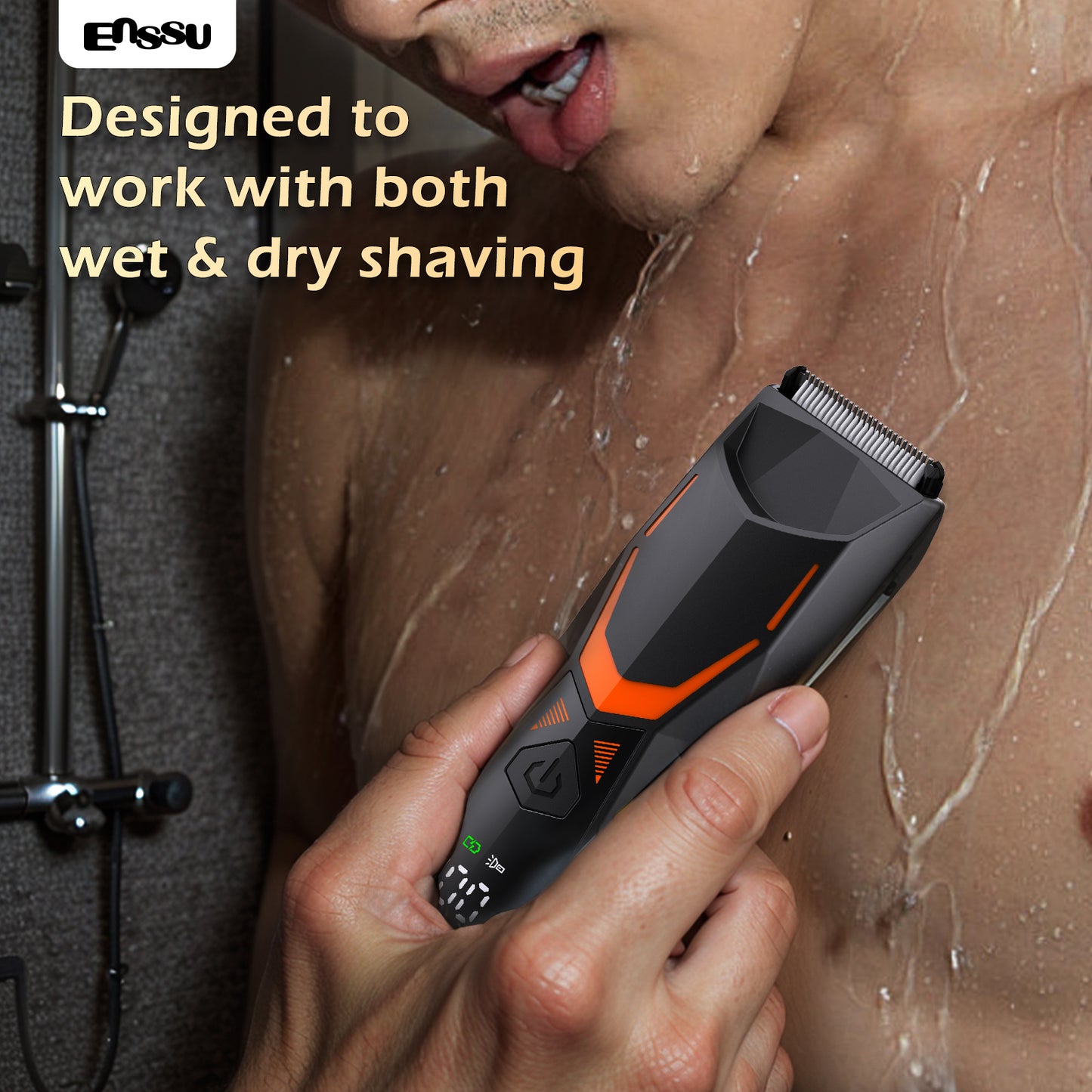 ENSSU Men's Body Trimmer - Cut-Preventing Blade, IPX7 Waterproof, Spotlight, LCD Display & Dock