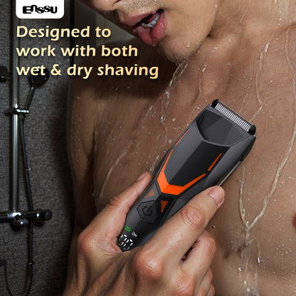 ENSSU Men's Body Trimmer - Cut-Preventing Blade, IPX7 Waterproof, Spotlight, LCD Display & Dock