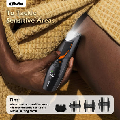 ENSSU Men's Body Trimmer - Cut-Preventing Blade, IPX7 Waterproof, Spotlight, LCD Display & Dock