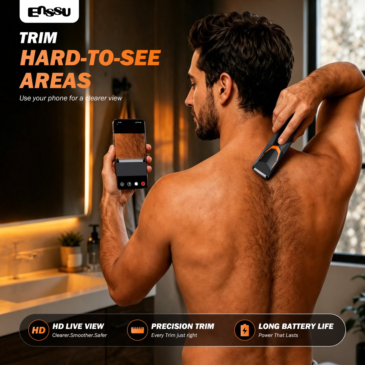 ENSSU VisualTrim Men's Body Groomer – WiFi Video, BLADELOCK™ Safety Blade, IPX7 Waterproof, Ceramic Blade, 6000 RPM Motor