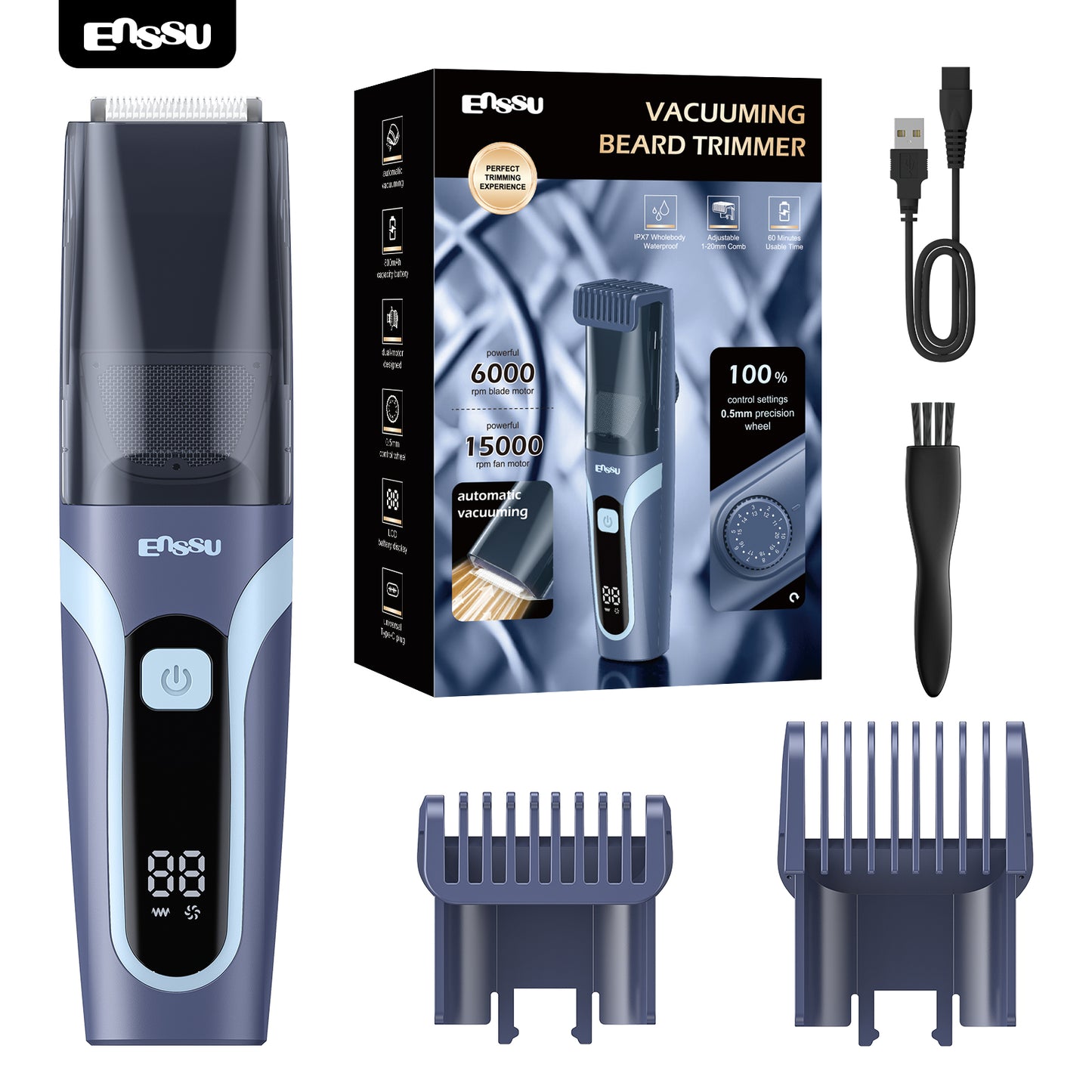 ENSSU Vacuum Beard Trimmer – 1-20mm Combs, LCD Display, IPX7 Waterproof