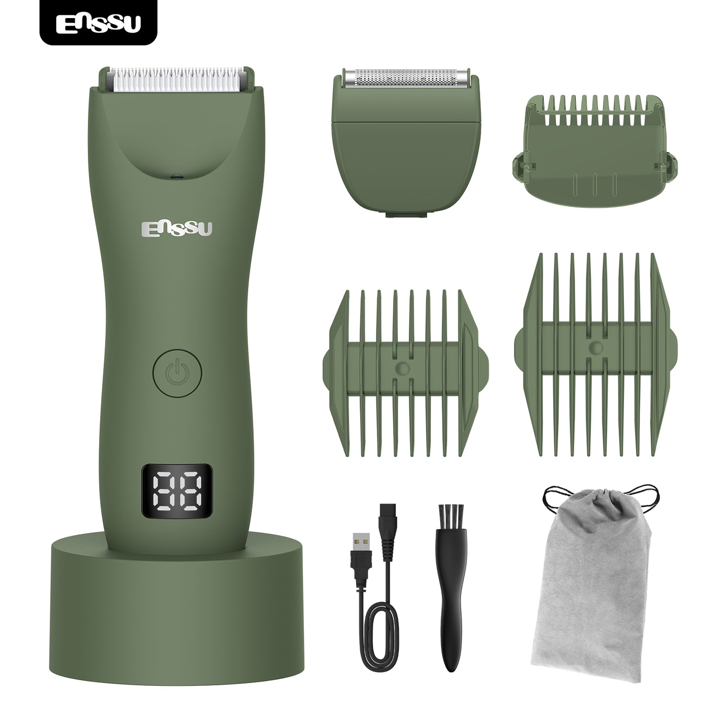 ENSSU Men's Body Trimmer – Waterproof, Ceramic Blade For Groin & Body, LED Light, LCD Display & Dock