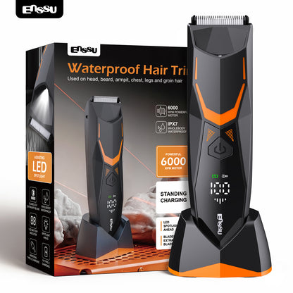 ENSSU Men's Body Trimmer - Cut-Preventing Blade, IPX7 Waterproof, Spotlight, LCD Display & Dock