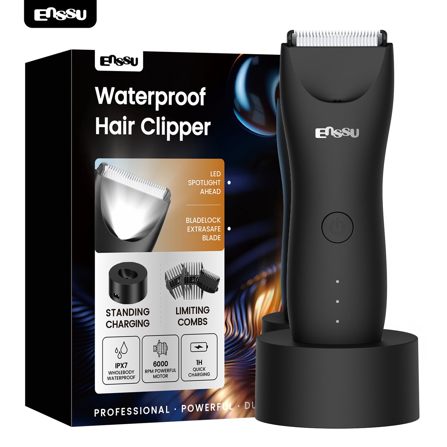 ENSSU Men's Body Trimmer - Waterproof, Ceramic Blade For Groin & Body, With LED Light & Dock