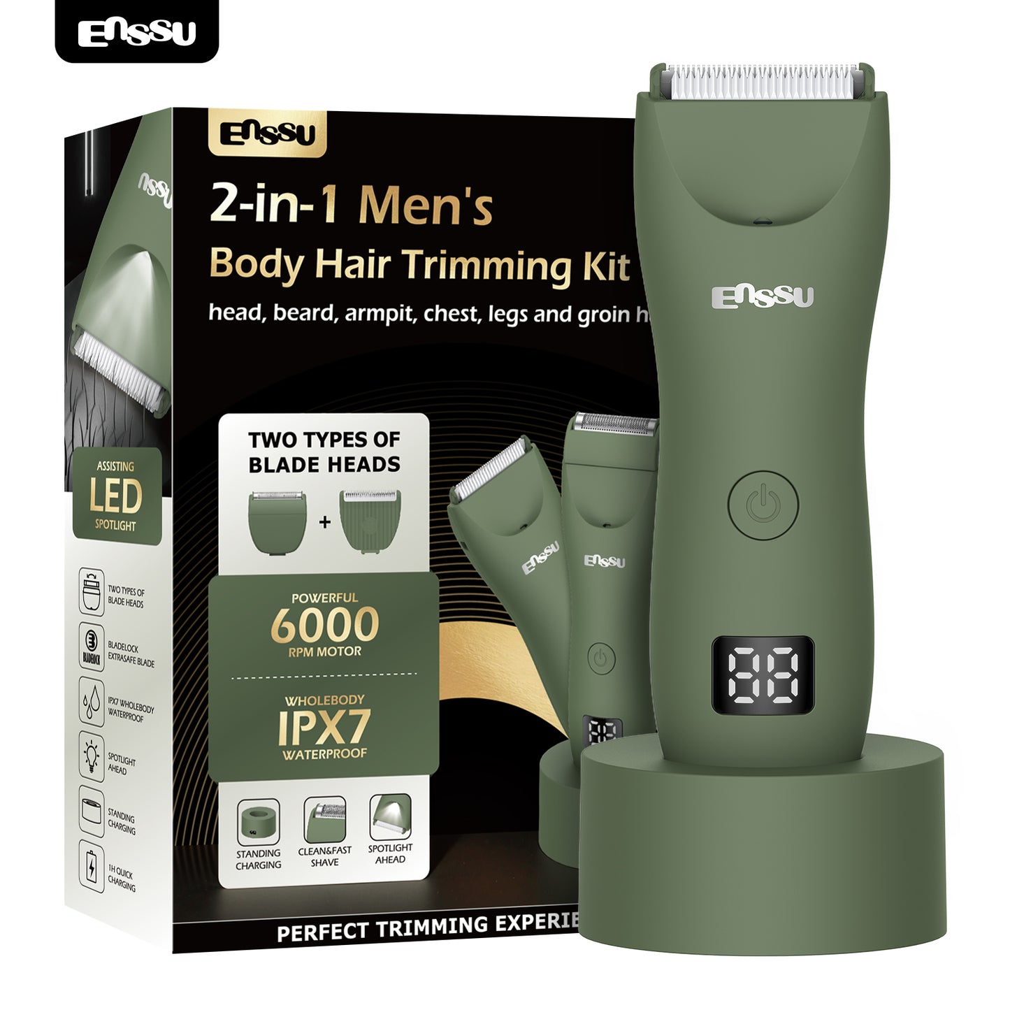 ENSSU Men's Body Trimmer – Waterproof, Ceramic Blade For Groin & Body, LED Light, LCD Display & Dock