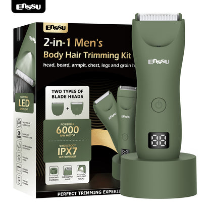 ENSSU Men's Body Trimmer – Waterproof, Ceramic Blade For Groin & Body, LED Light, LCD Display & Dock