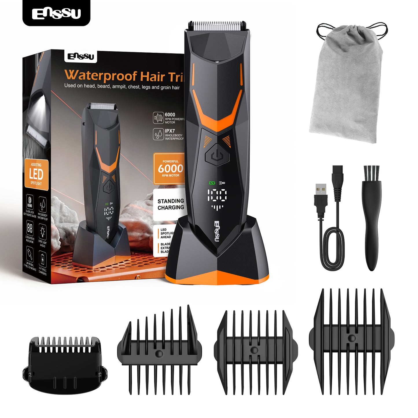 ENSSU Men's Body Trimmer - Cut-Preventing Blade, IPX7 Waterproof, Spotlight, LCD Display & Dock