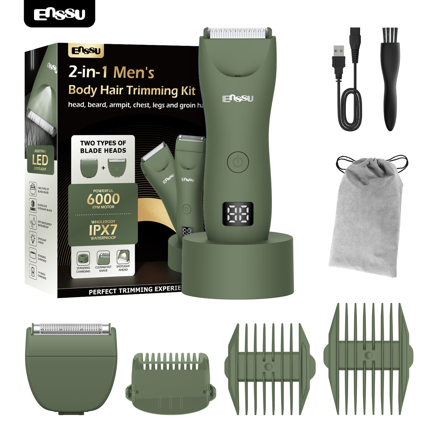 ENSSU Men's Body Trimmer – Waterproof, Ceramic Blade For Groin & Body, LED Light, LCD Display & Dock