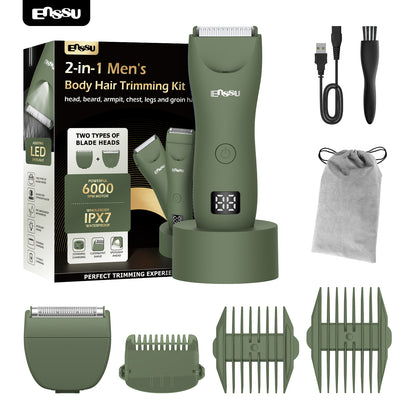 ENSSU Men's Body Trimmer – Waterproof, Ceramic Blade For Groin & Body, LED Light, LCD Display & Dock