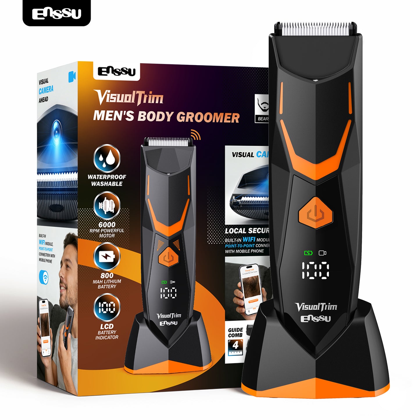 ENSSU VisualTrim Men's Body Groomer – WiFi Video, BLADELOCK™ Safety Blade, IPX7 Waterproof, Ceramic Blade, 6000 RPM Motor