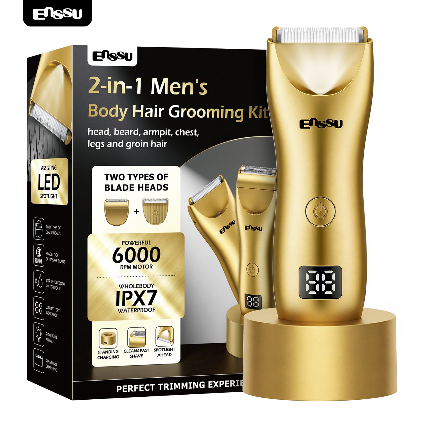 ENSSU 2 in 1 Men's Body Trimmer – Dual Blades,Waterproof, Ceramic Blade For Groin & Body, LED Light, LCD Display & Dock