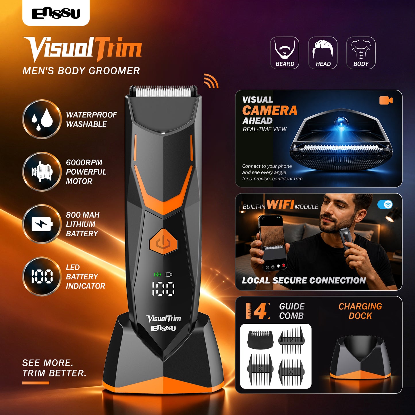 ENSSU VisualTrim Men's Body Groomer – WiFi Video, BLADELOCK™ Safety Blade, IPX7 Waterproof, Ceramic Blade, 6000 RPM Motor