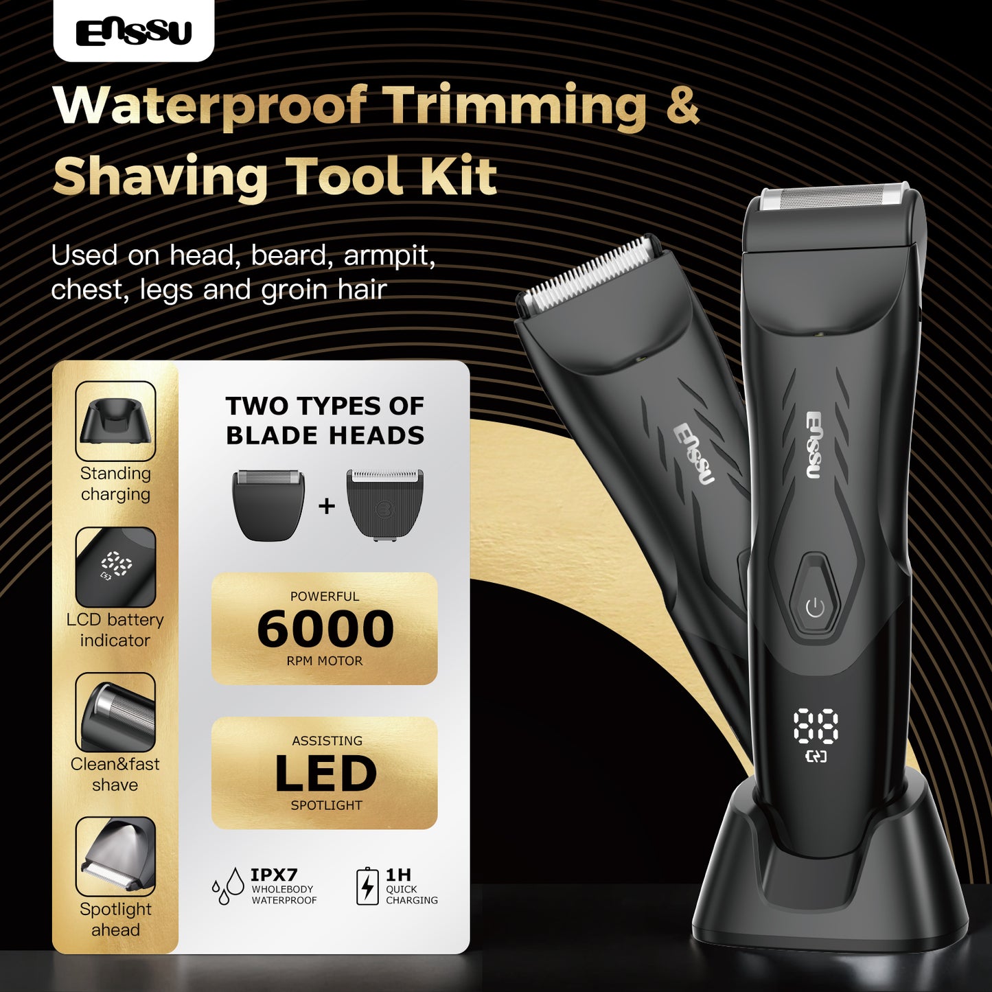 ENSSU Waterproof Grooming Kit – Trim & Shave with LCD Display & Charging Base