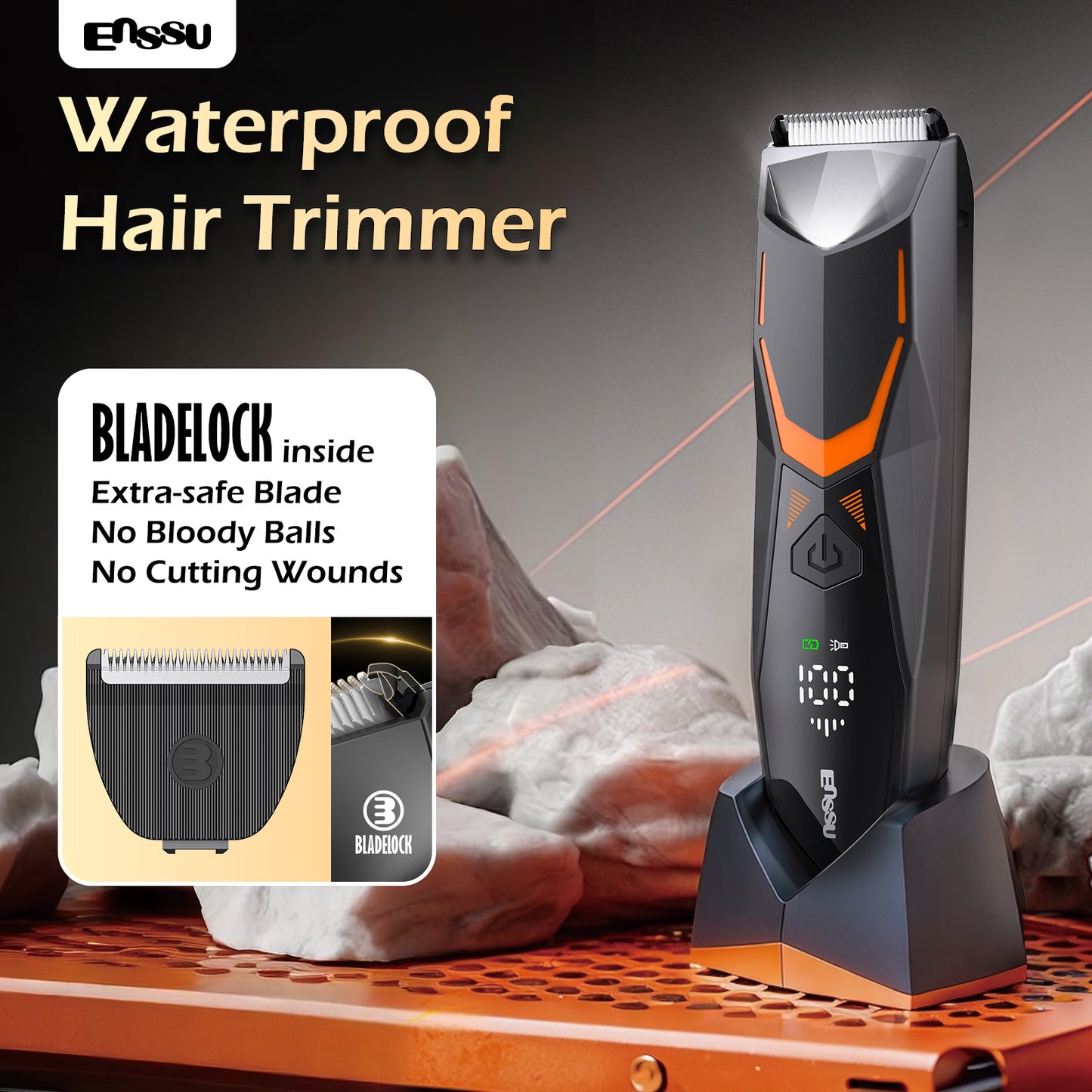 ENSSU Men's Body Trimmer - Cut-Preventing Blade, IPX7 Waterproof, Spotlight, LCD Display & Dock
