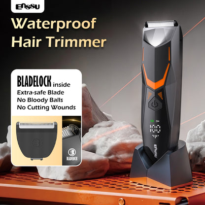 ENSSU Men's Body Trimmer - Cut-Preventing Blade, IPX7 Waterproof, Spotlight, LCD Display & Dock