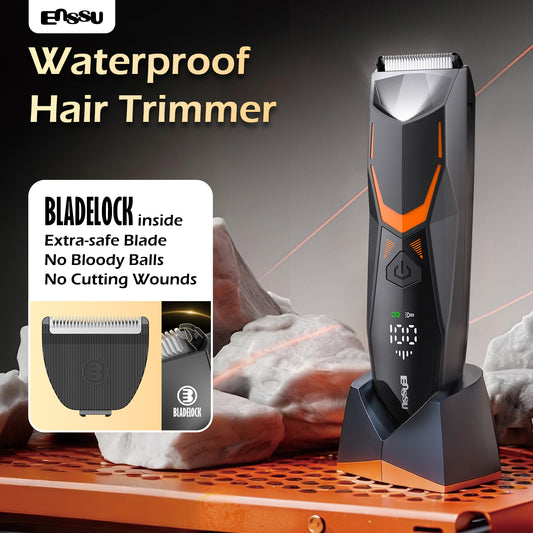 ENSSU Men's Body Trimmer - Cut-Preventing Blade, IPX7 Waterproof, Spotlight, LCD Display & Dock