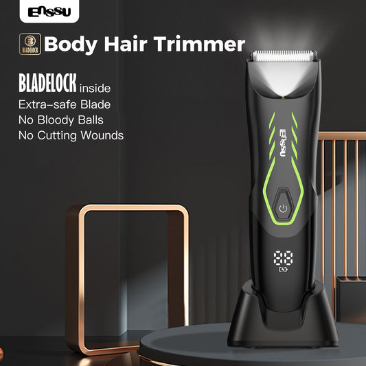 ENSSU Men's Body Trimmer - Cut-Preventing Blade, IPX7 Waterproof, Spotlight, LCD Display & Dock
