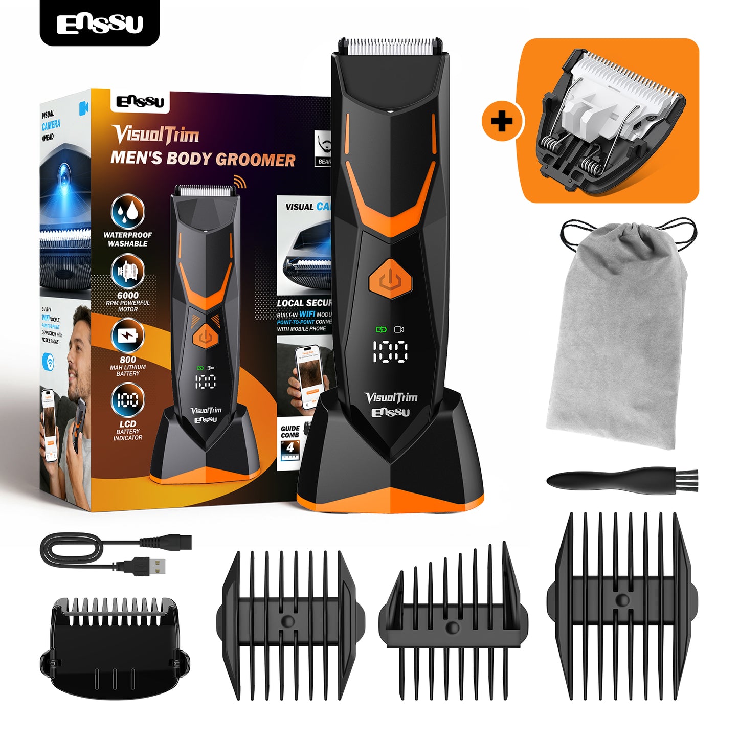 ENSSU VisualTrim 2-in-1 Men's Body Grooming Kit – Dual Blades, WiFi Video, BLADELOCK™ Safety Blade, IPX7 Waterproof, Ceramic Blade, 6000 RPM Motor