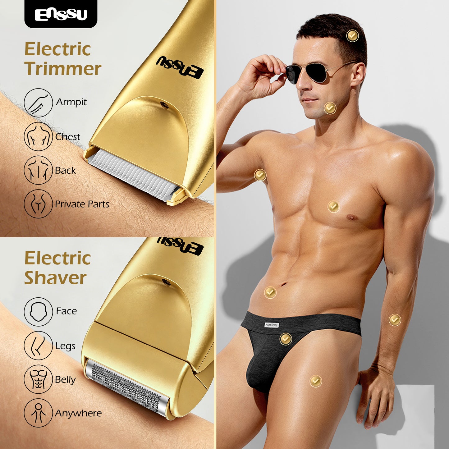 ENSSU 2 in 1 Men's Body Trimmer – Dual Blades,Waterproof, Ceramic Blade For Groin & Body, LED Light, LCD Display & Dock