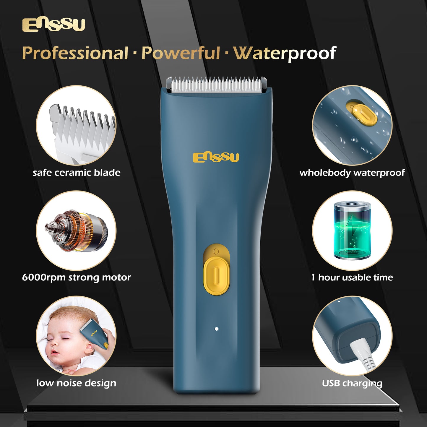 ENSSU Mini Electric Hair Clipper – IPX7 Waterproof with Ceramic Safe Blade