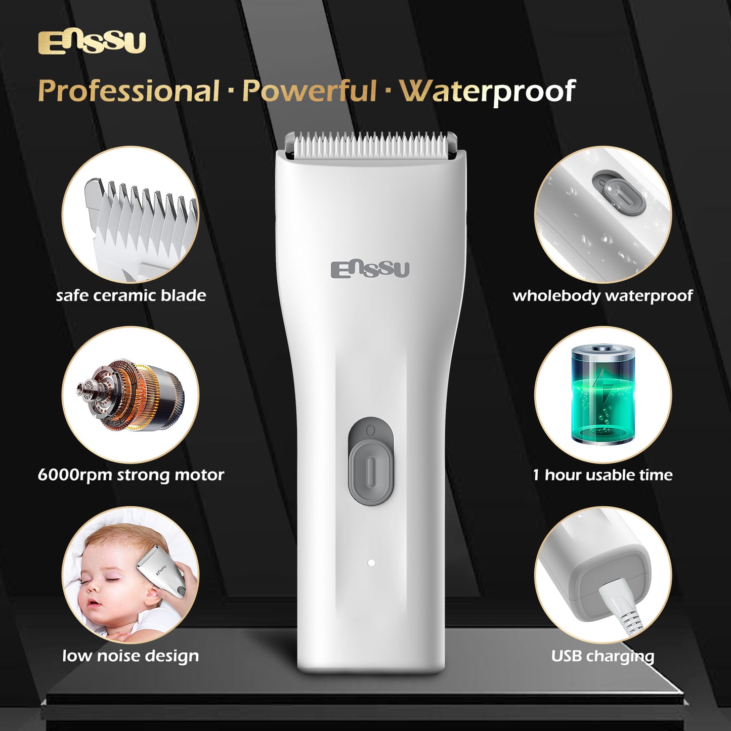 ENSSU Mini Electric Hair Clipper – IPX7 Waterproof with Ceramic Safe Blade