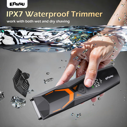 ENSSU Men's Body Trimmer - Cut-Preventing Blade, IPX7 Waterproof, Spotlight, LCD Display & Dock