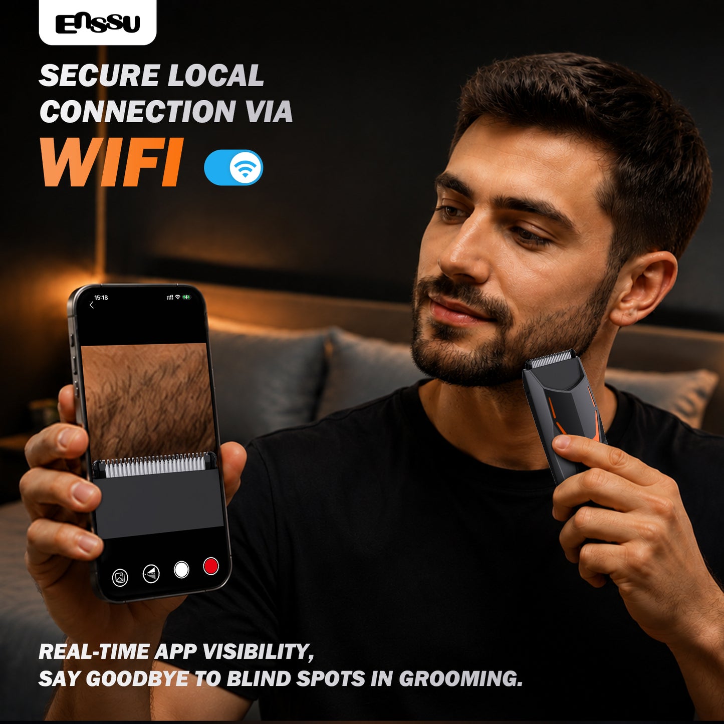 ENSSU VisualTrim Men's Body Groomer – WiFi Video, BLADELOCK™ Safety Blade, IPX7 Waterproof, Ceramic Blade, 6000 RPM Motor