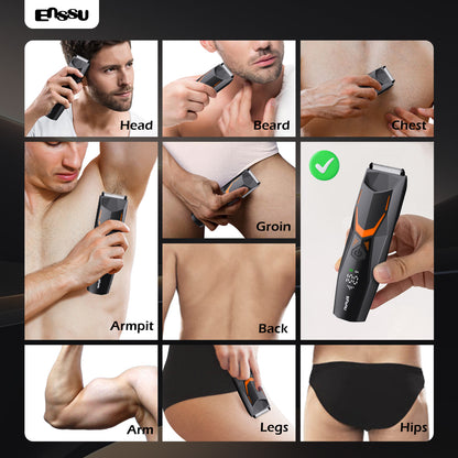 ENSSU Men's Body Trimmer - Cut-Preventing Blade, IPX7 Waterproof, Spotlight, LCD Display & Dock