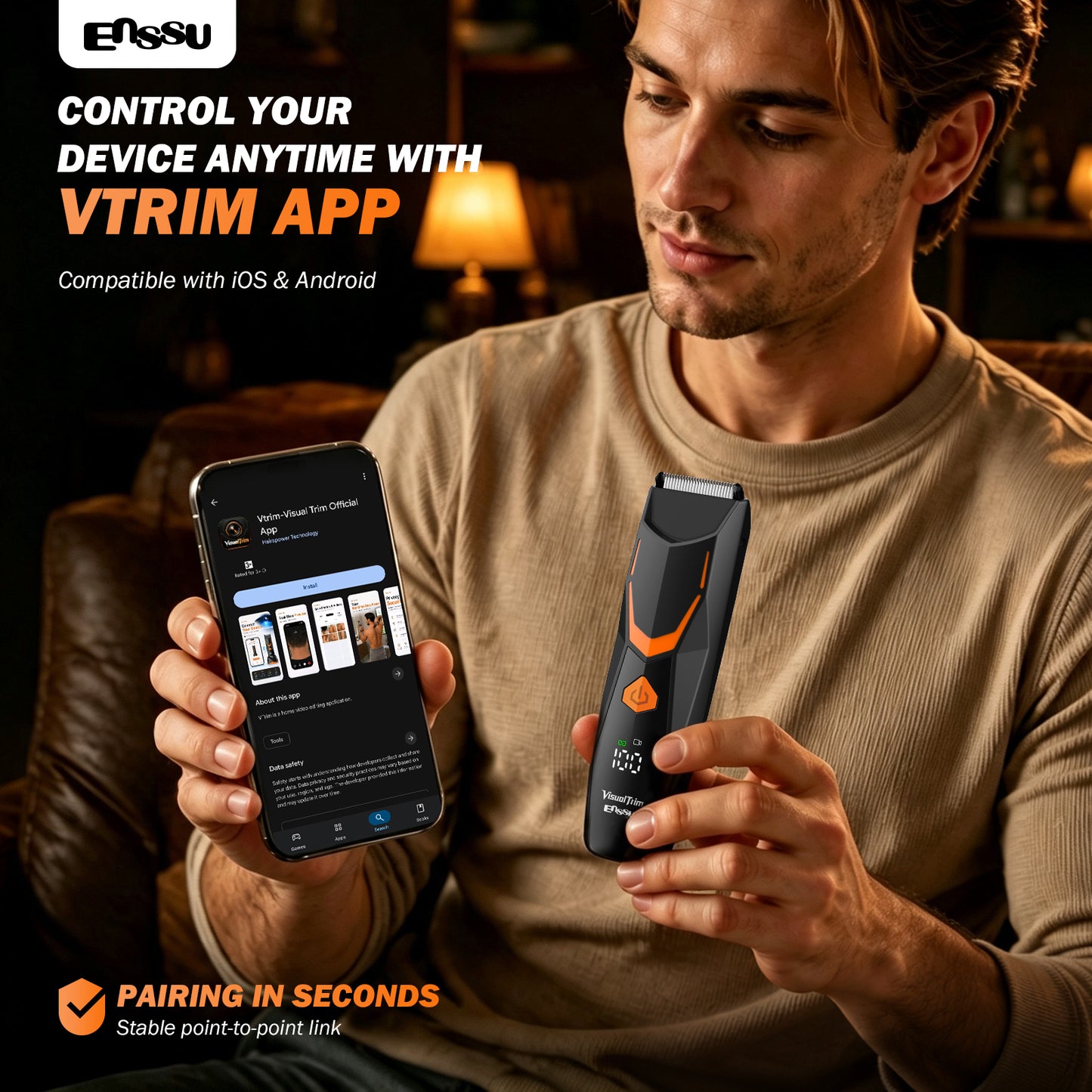 ENSSU VisualTrim Men's Body Groomer – WiFi Video, BLADELOCK™ Safety Blade, IPX7 Waterproof, Ceramic Blade, 6000 RPM Motor