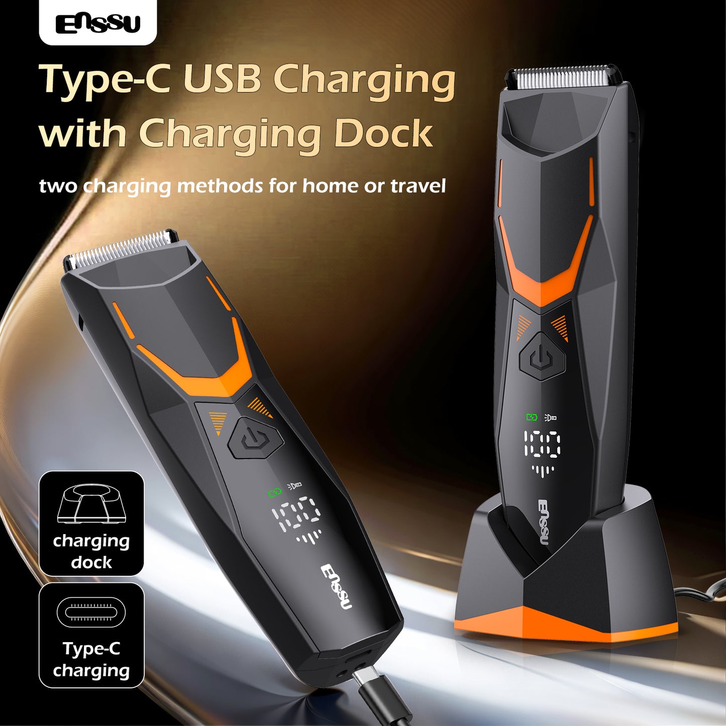 ENSSU Men's Body Trimmer - Cut-Preventing Blade, IPX7 Waterproof, Spotlight, LCD Display & Dock