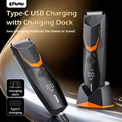 ENSSU Men's Body Trimmer - Cut-Preventing Blade, IPX7 Waterproof, Spotlight, LCD Display & Dock