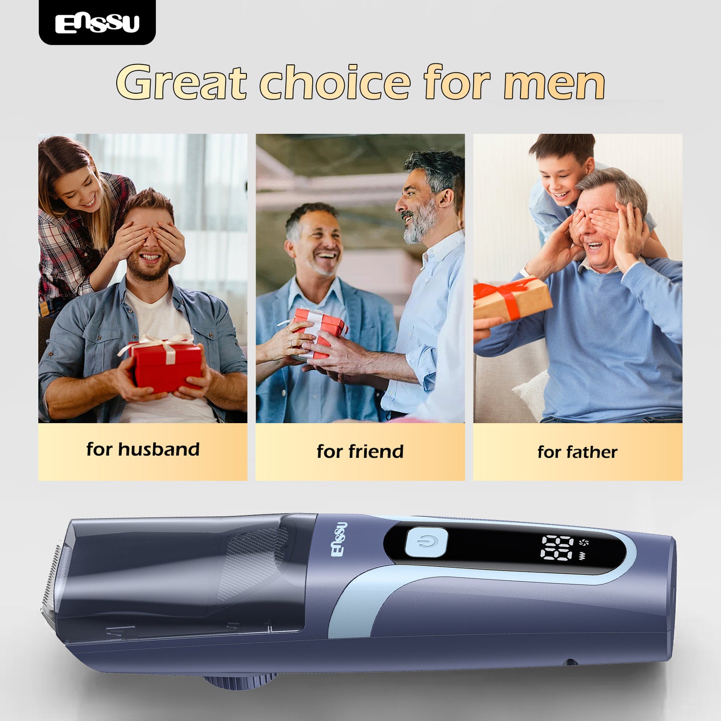 ENSSU Vacuum Beard Trimmer – 1-20mm Combs, LCD Display, IPX7 Waterproof