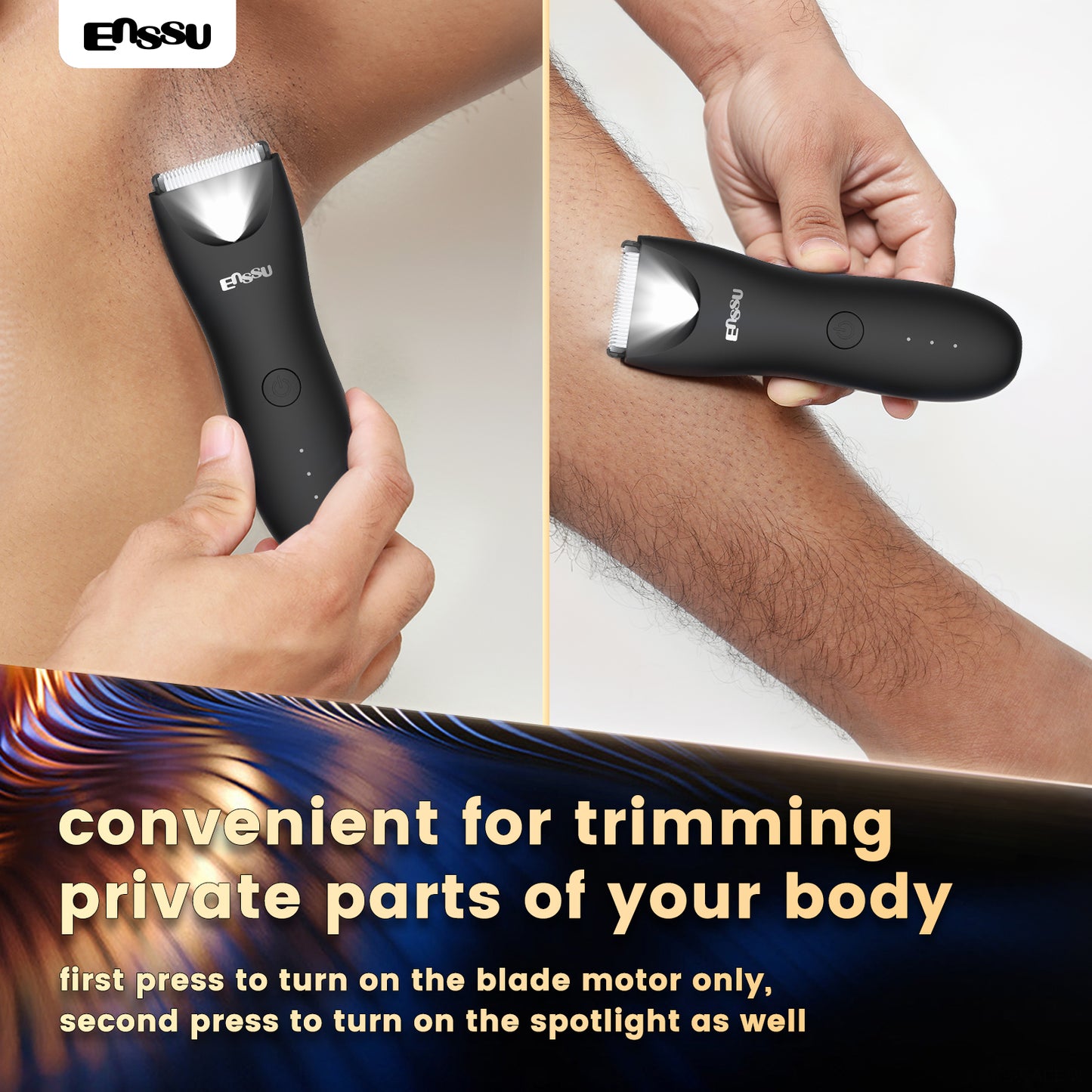 ENSSU Men's Body Trimmer - Waterproof, Ceramic Blade For Groin & Body, With LED Light & Dock