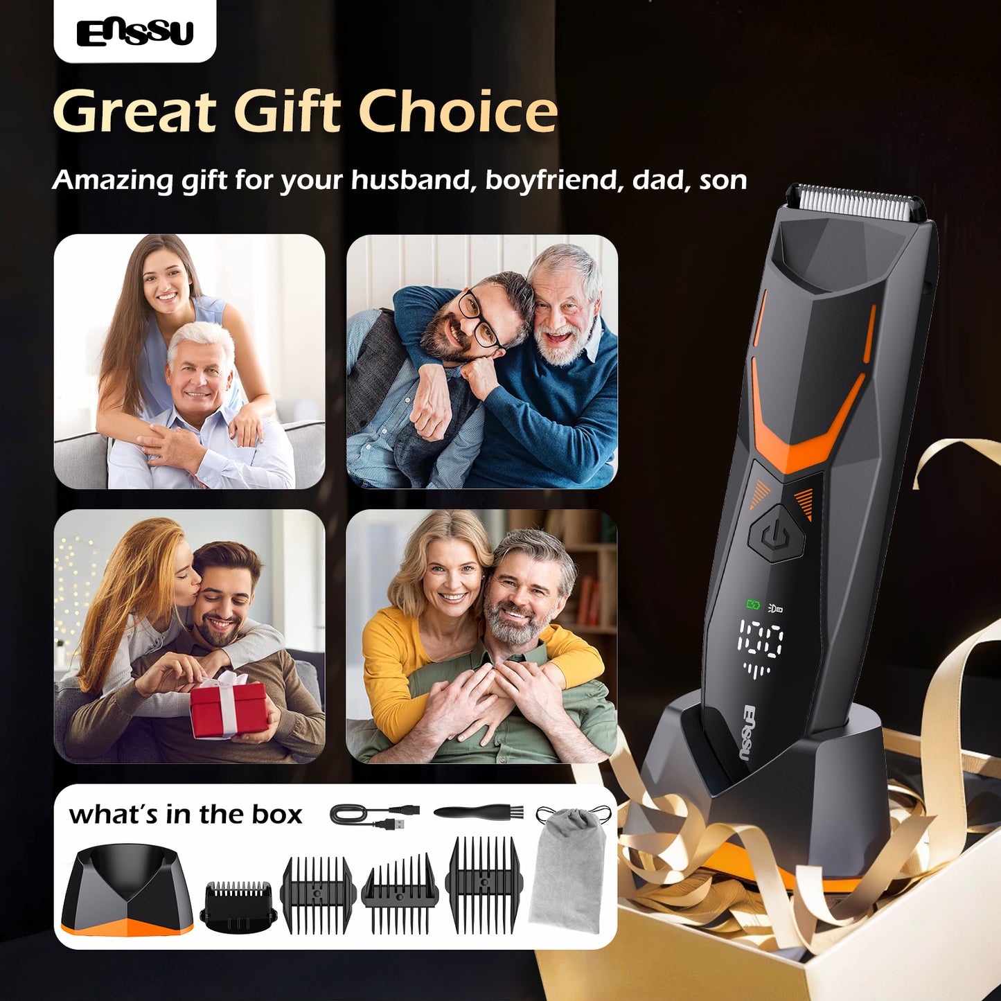 ENSSU Men's Body Trimmer - Cut-Preventing Blade, IPX7 Waterproof, Spotlight, LCD Display & Dock