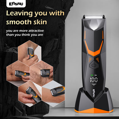 ENSSU Men's Body Trimmer - Cut-Preventing Blade, IPX7 Waterproof, Spotlight, LCD Display & Dock