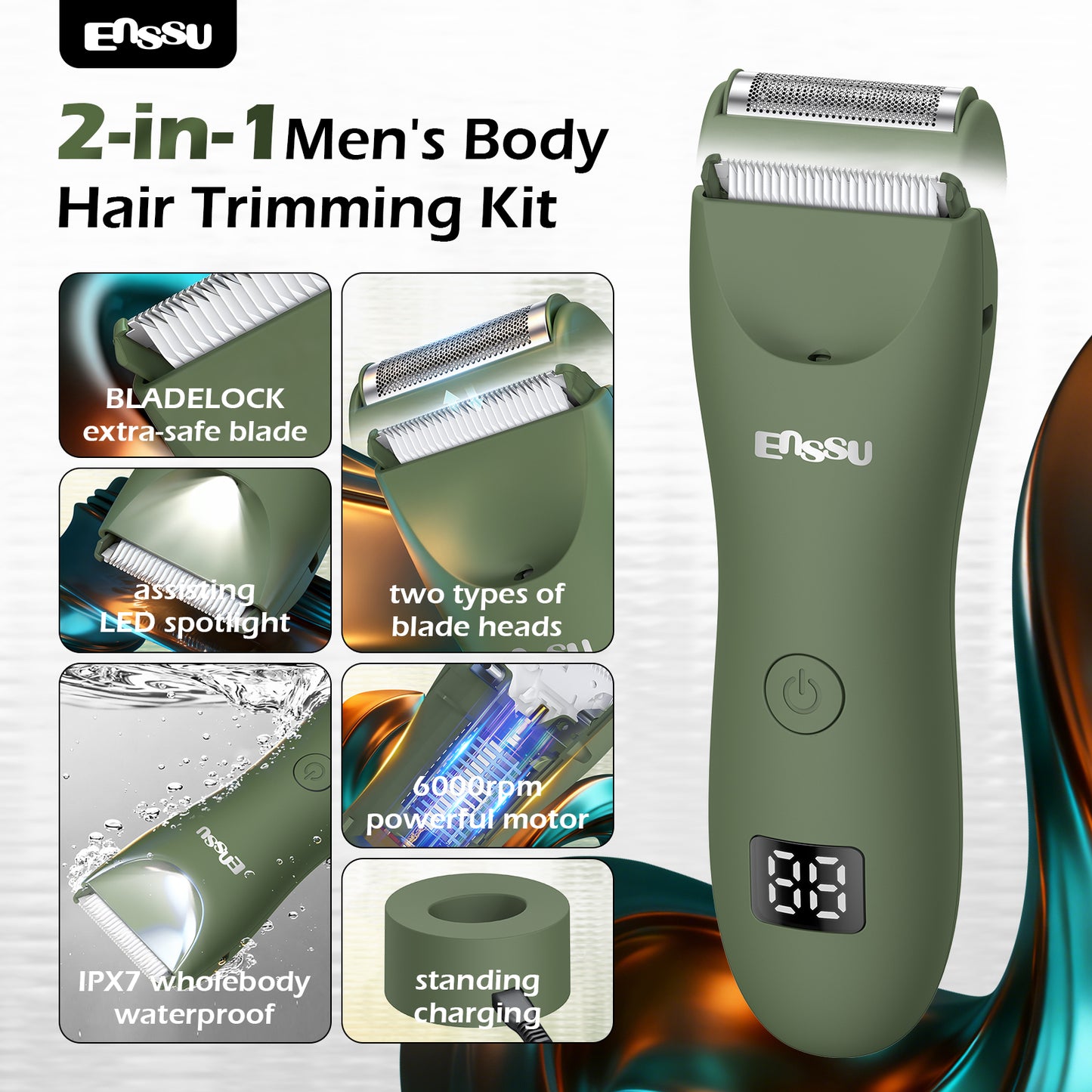 ENSSU Men's Body Trimmer – Waterproof, Ceramic Blade For Groin & Body, LED Light, LCD Display & Dock