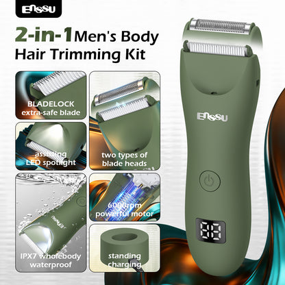 ENSSU Men's Body Trimmer – Waterproof, Ceramic Blade For Groin & Body, LED Light, LCD Display & Dock