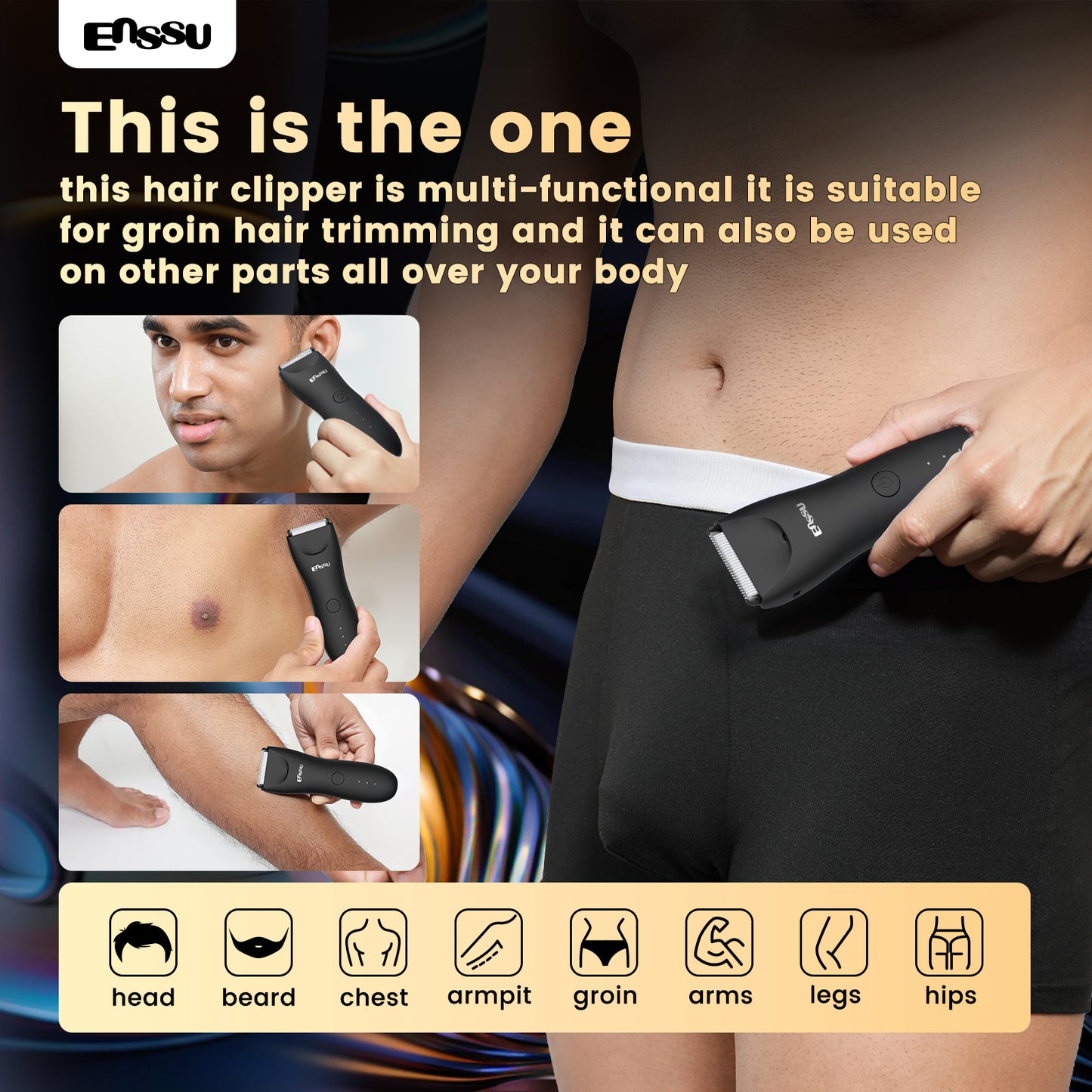 ENSSU Men's Body Trimmer - Waterproof, Ceramic Blade For Groin & Body, With LED Light & Dock